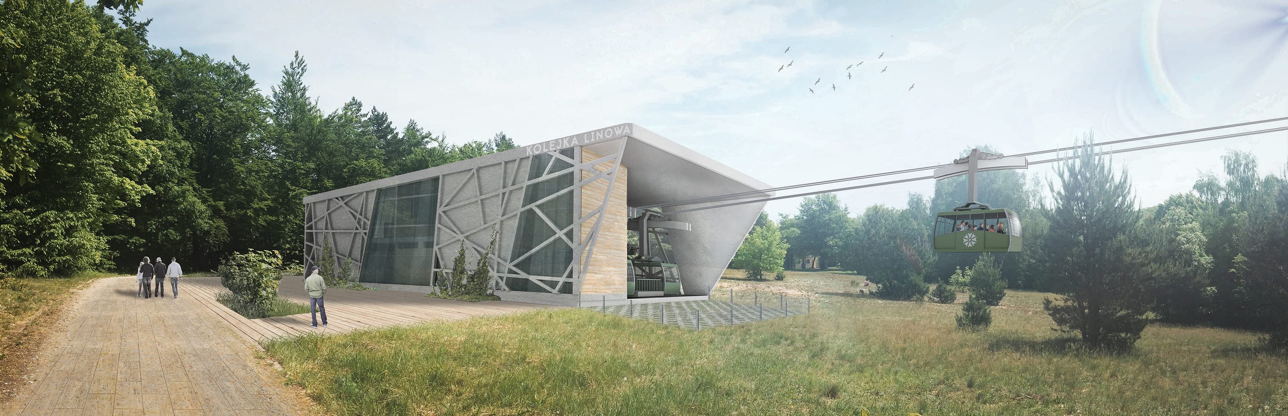 Render of the station's cantilevered roof with a green gondola arriving on the cable and visitors on the boardwalk