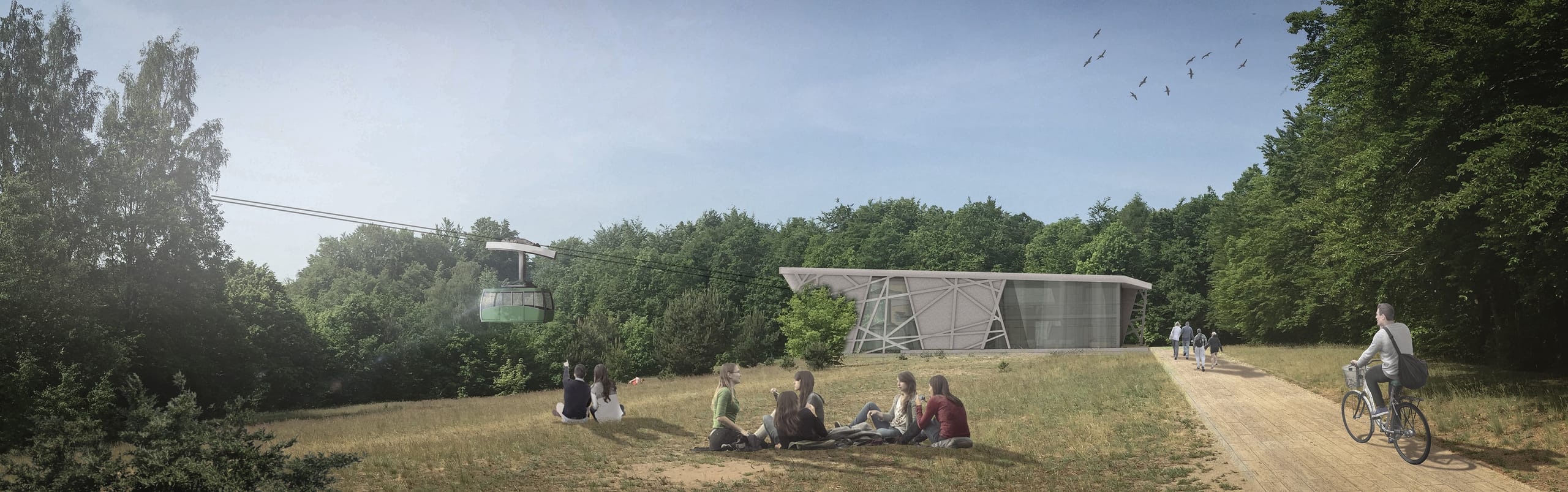 Render of Calvary Hills Station in a forest glade with a green gondola on the cable and people picnicking on the grass