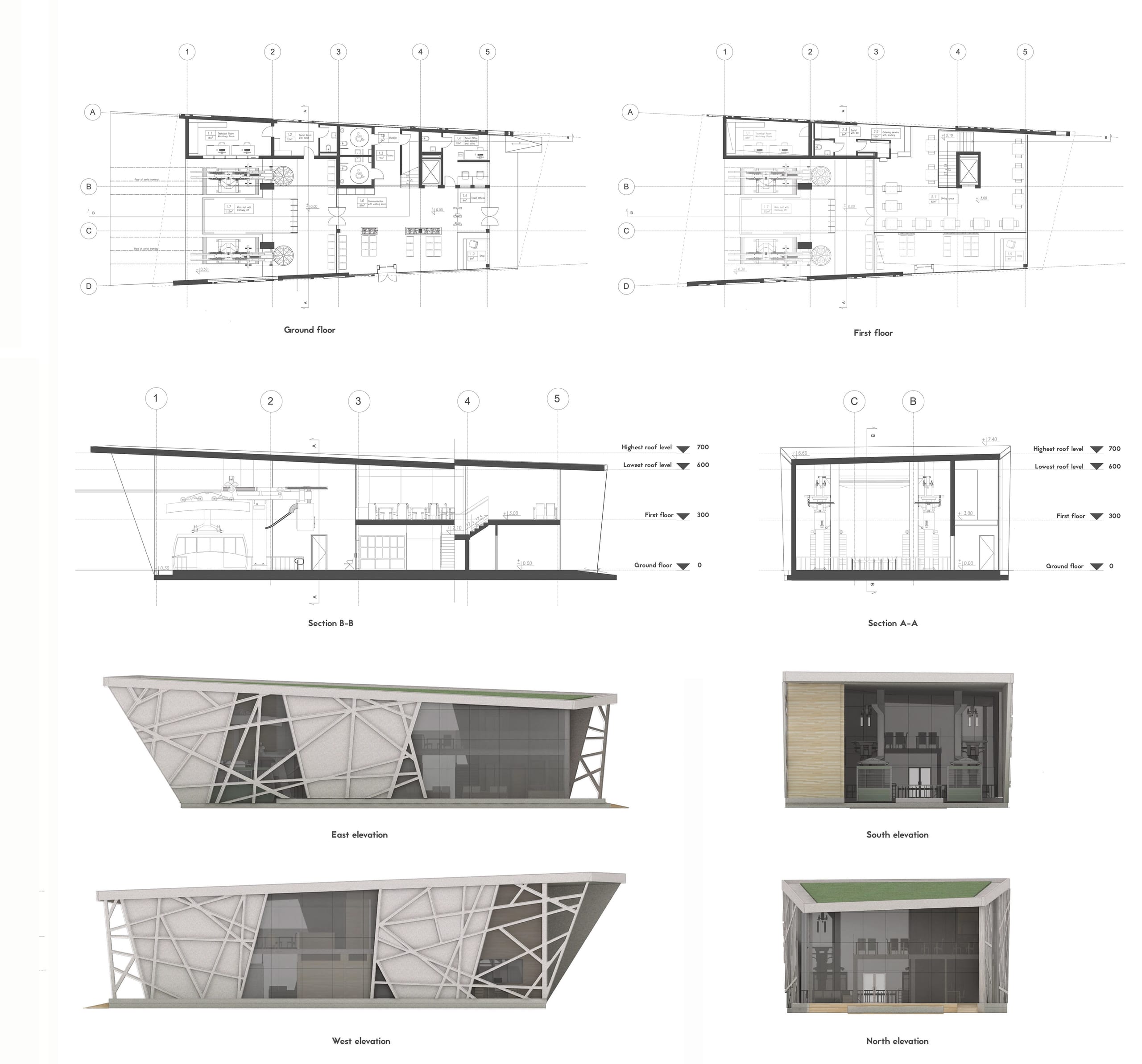 Calvary Hills Station drawings: floor plans, sections and concrete-and-glass elevations with branch-like ribs