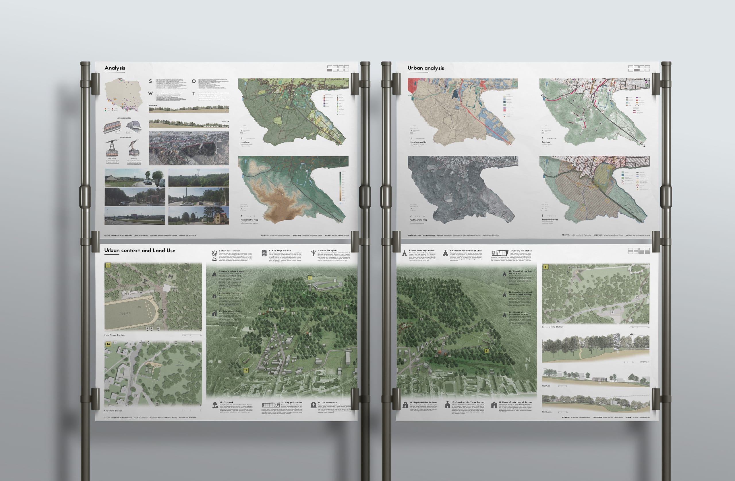Exhibition boards on stands presenting the project's SWOT, urban analysis maps and land-use context