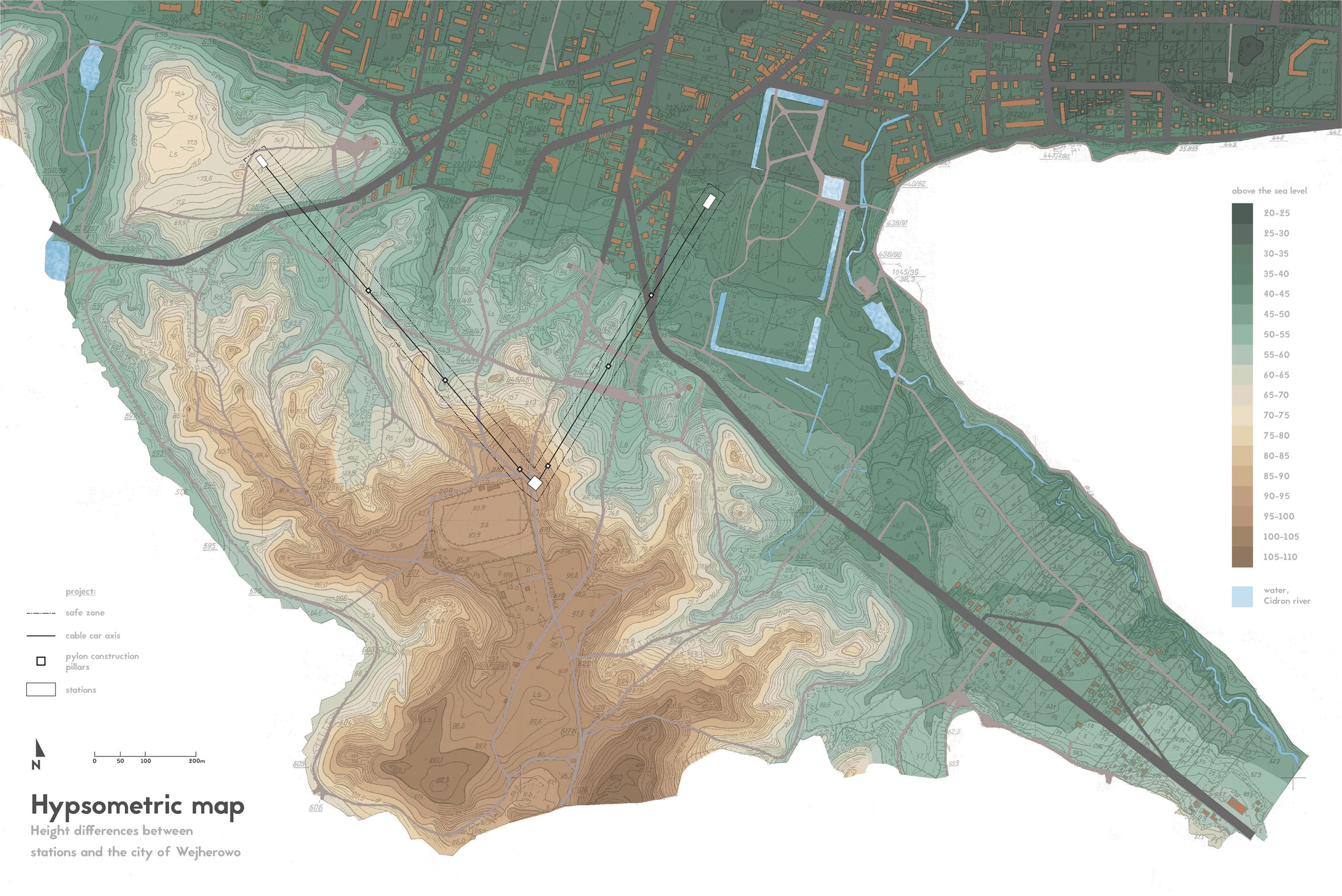 Hypsometric map of Wejherowo showing terrain elevation, the cable-car axis, pylon pillars and station locations