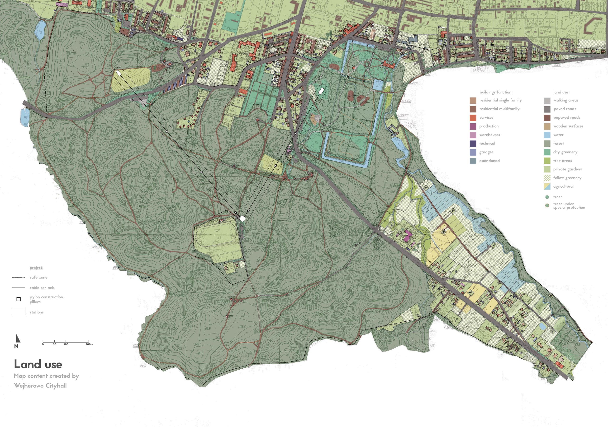 Land-use map of Wejherowo colour-coding building functions and green/water zones, with cable-car axis and stations