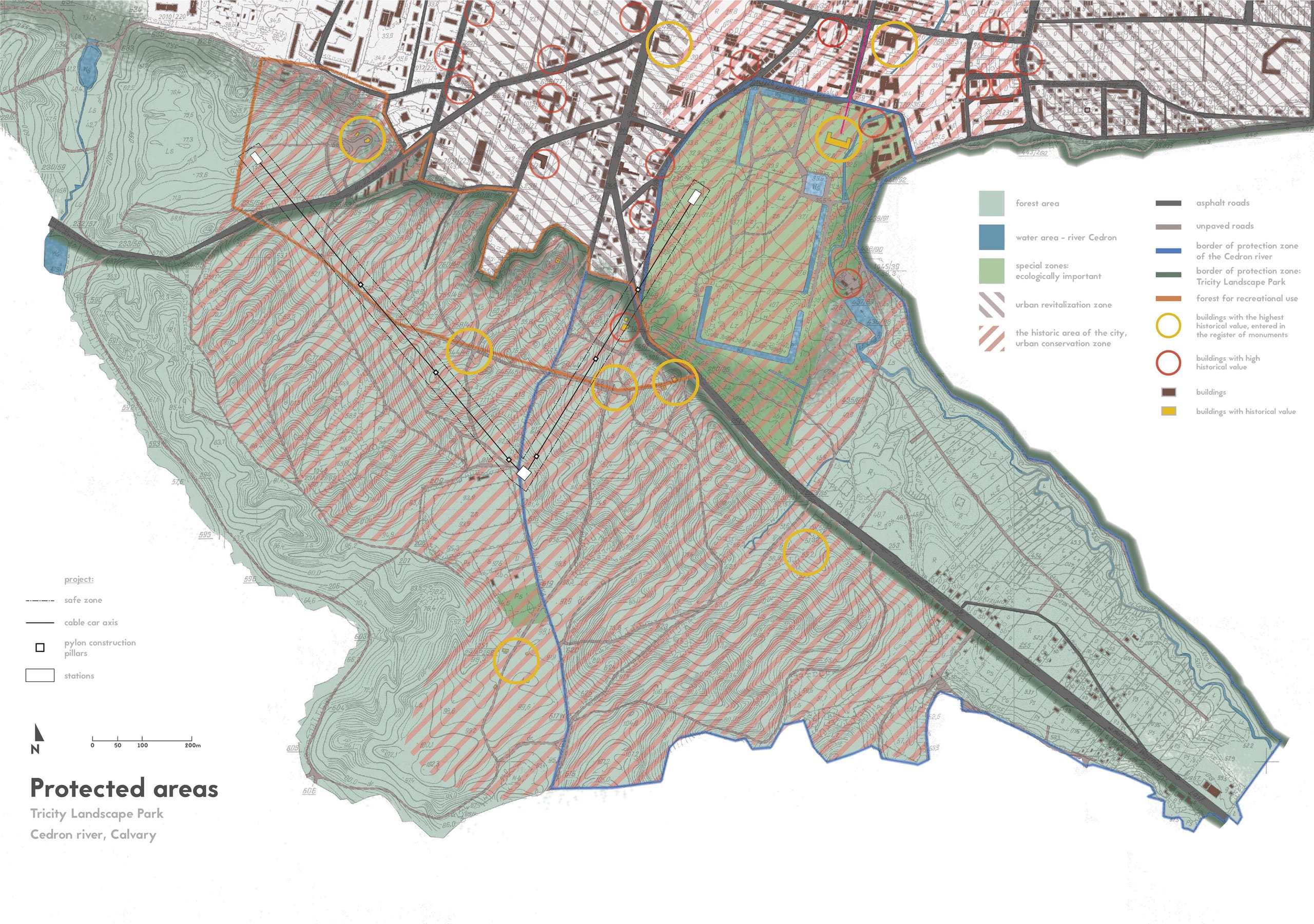 Protected-areas map marking Tricity Landscape Park, Cedron river zone, conservation areas and historic buildings