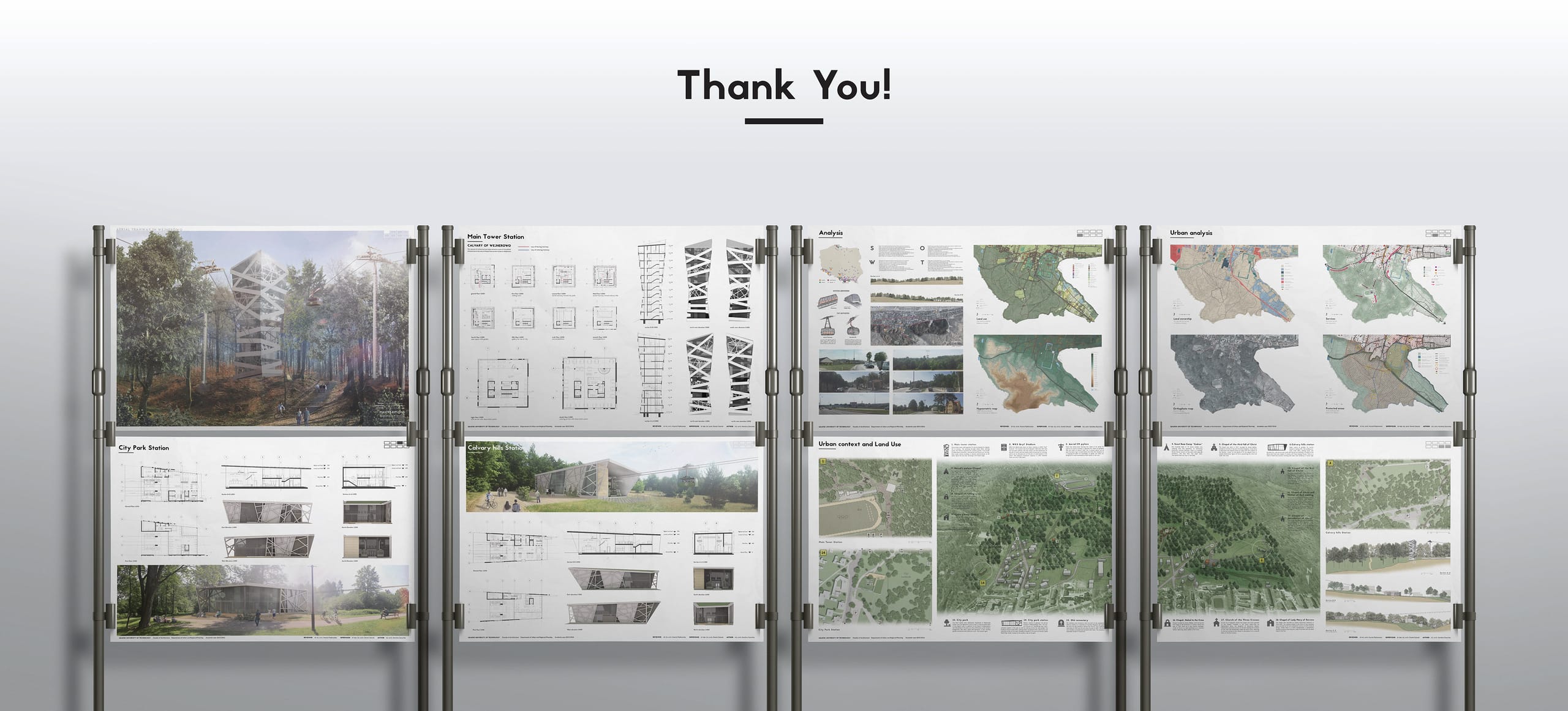 Final presentation mockup of all project boards mounted on stands beneath a 'Thank You' title
